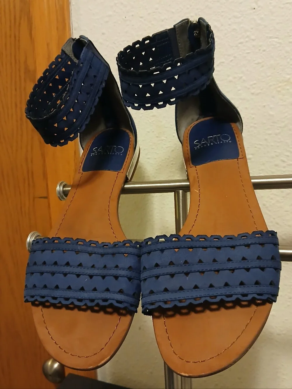 Franco Sarto Blue Suede Laser-Cut Ankle Zip Flat Sandals Size 8.5M